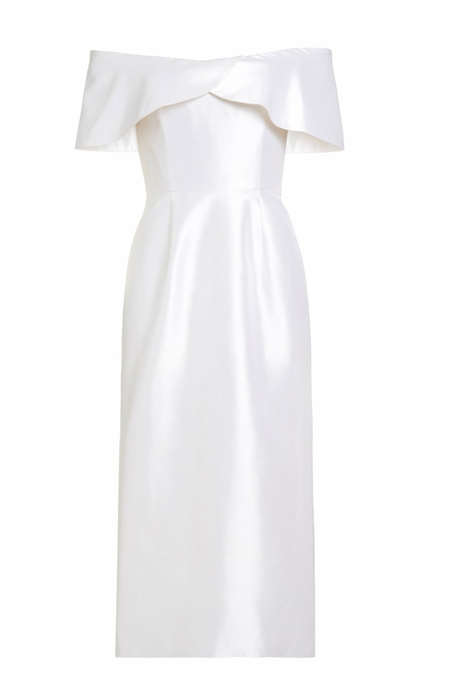 Bridal Markarian NYC | Eveline Off-The-Shoulder White Satin Dupioni Dress