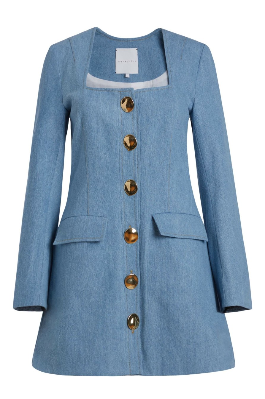 Clothing Markarian NYC | Martina Trapezoid Neckline Denim Mini Dress With Gold Buttons