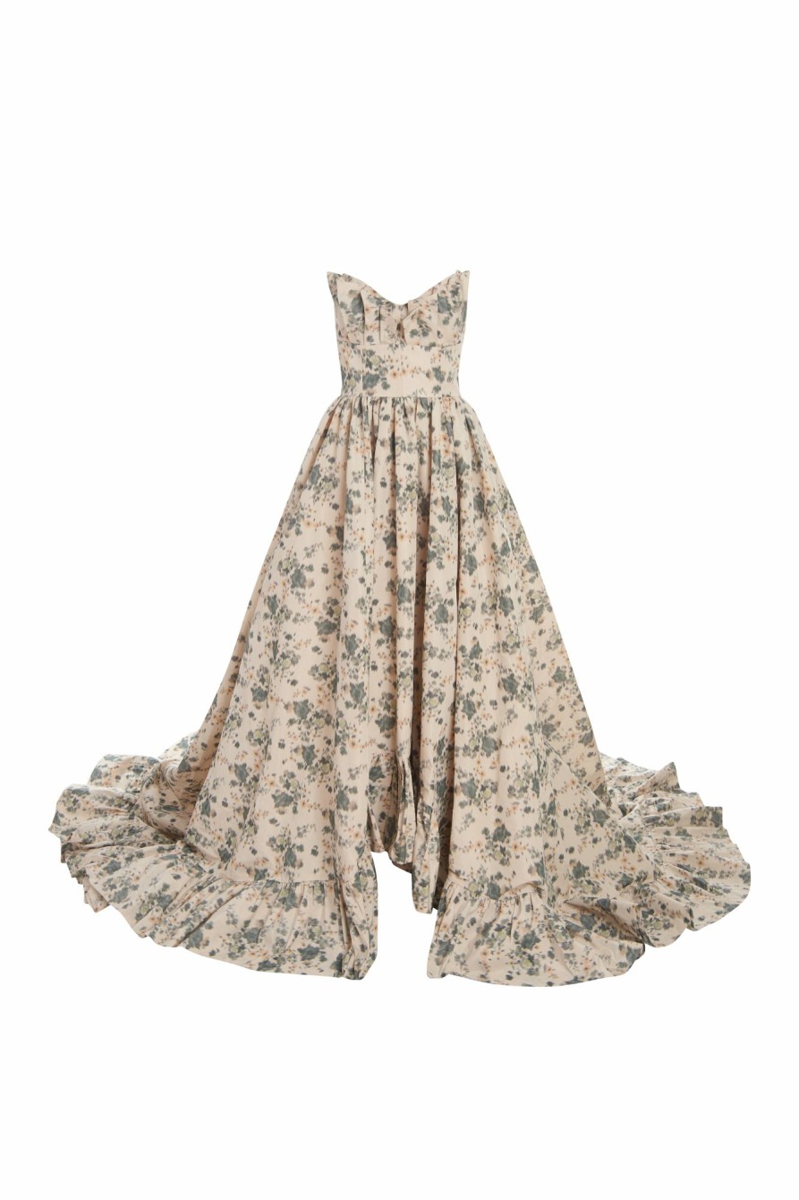 Clothing Markarian NYC | Stella Ivory And Blue Floral Ikat Gown With Ruffled Bodice