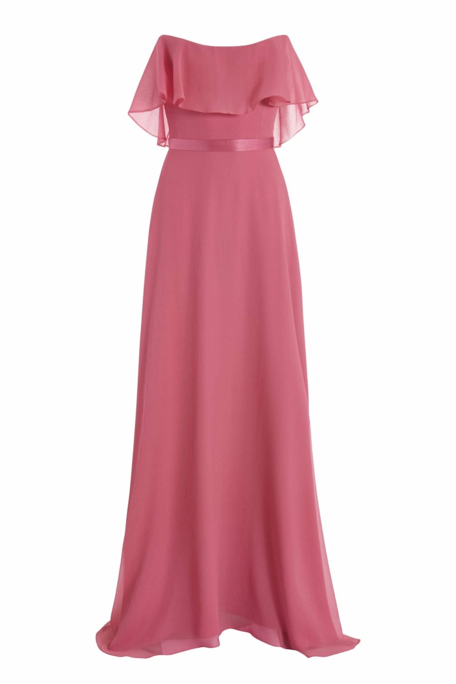 Clothing Markarian NYC | Giovanna Rose Pink Crinkle Chiffon Strapless Ruffle Neckline Gown