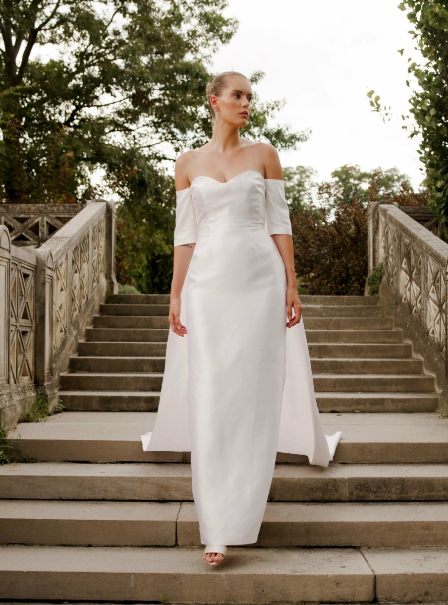 Bridal Markarian NYC | Chloe Off-The-Shoulder Gown With Shoulder Train In Ivory Raw Silk