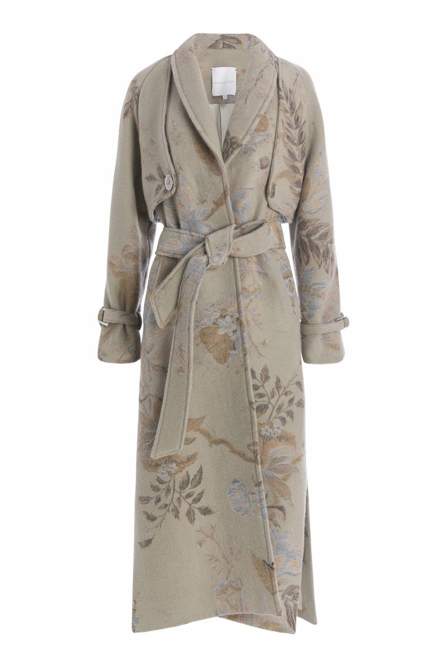 Clothing Markarian NYC | Clooney Neutral Floral Jacquard Raglan Coat With Tie Belt