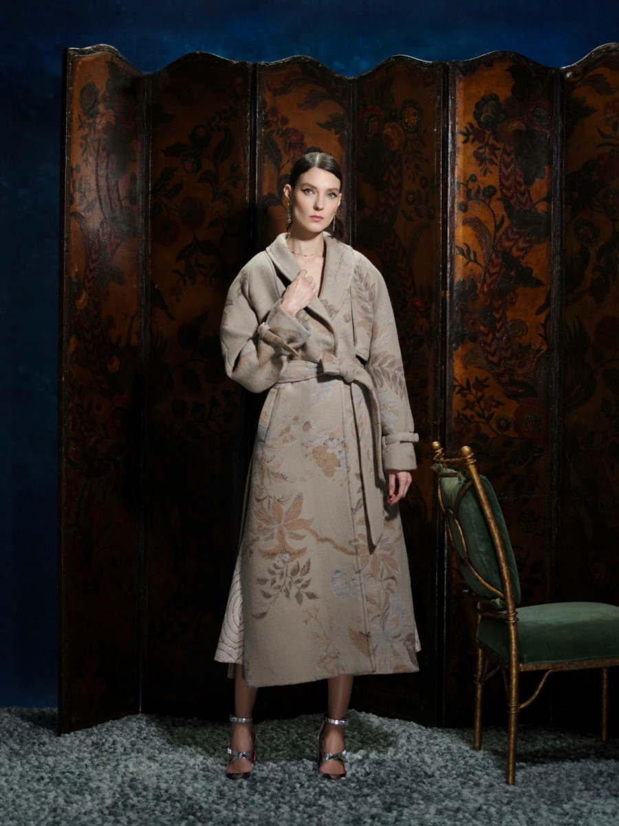 Clothing Markarian NYC | Clooney Neutral Floral Jacquard Raglan Coat With Tie Belt