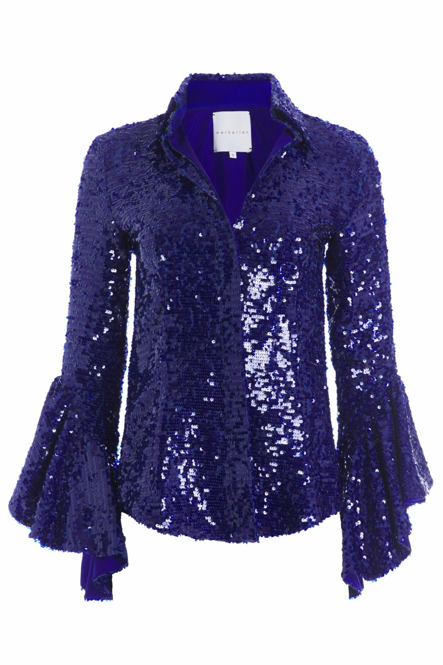 Clothing Markarian NYC | Wilma Cobalt Sequin Ruffle Sleeved Button Down Top