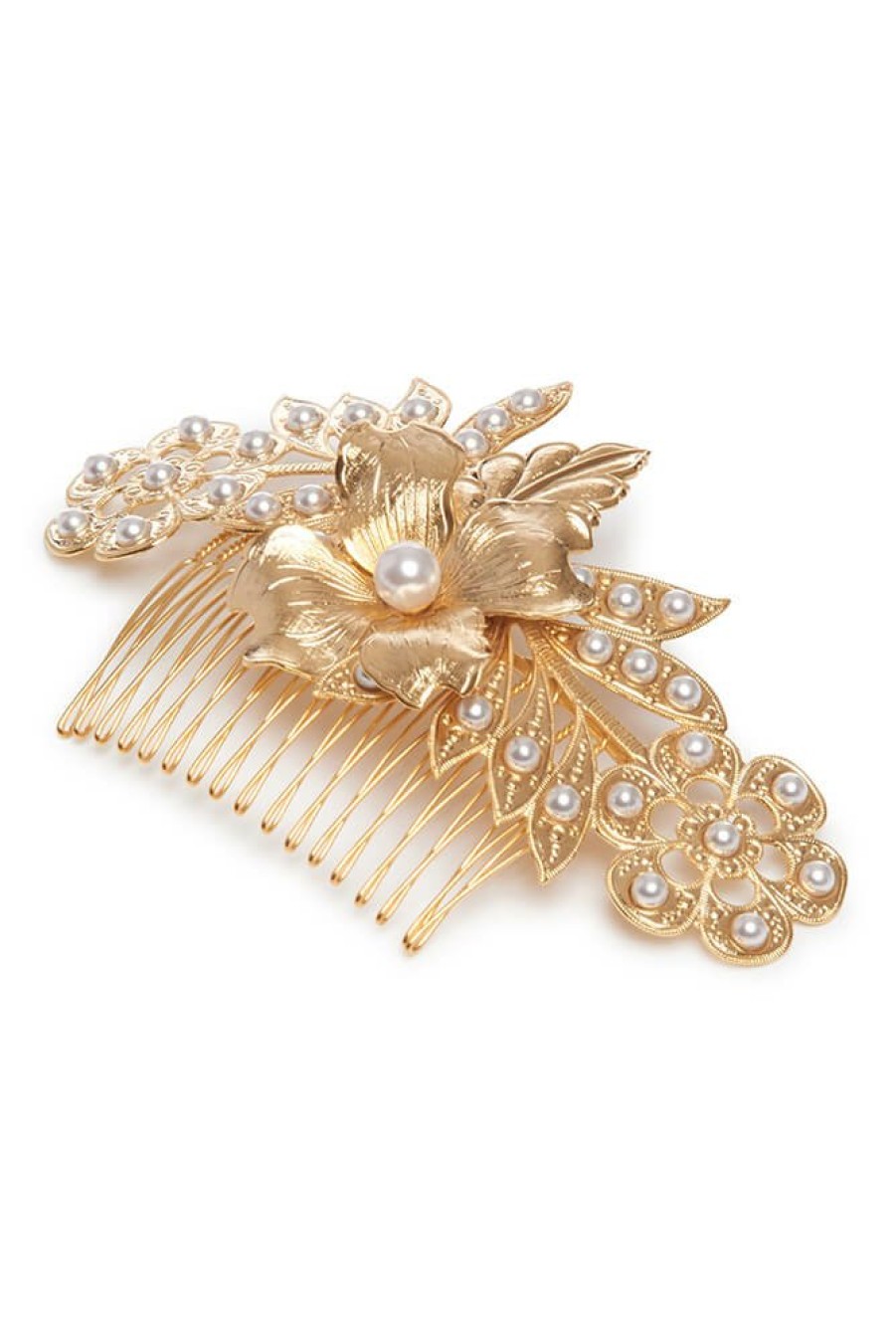 Accessories Markarian NYC | Neri Gold Pearl Detail Floral Hair Comb