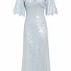 Clothing Markarian NYC | Emeline Light Blue Sequin Midi Dress With Scalloped Sleeves And Chiffon Panels