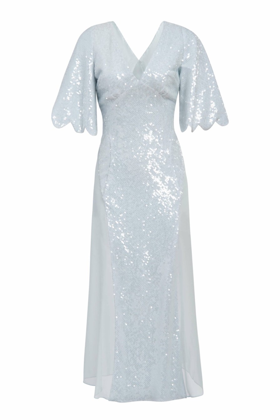 Clothing Markarian NYC | Emeline Light Blue Sequin Midi Dress With Scalloped Sleeves And Chiffon Panels