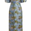 Clothing Markarian NYC | Adelaide Blue Metallic Brocade Off-The-Shoulder Puff Sleeve Midi Dress