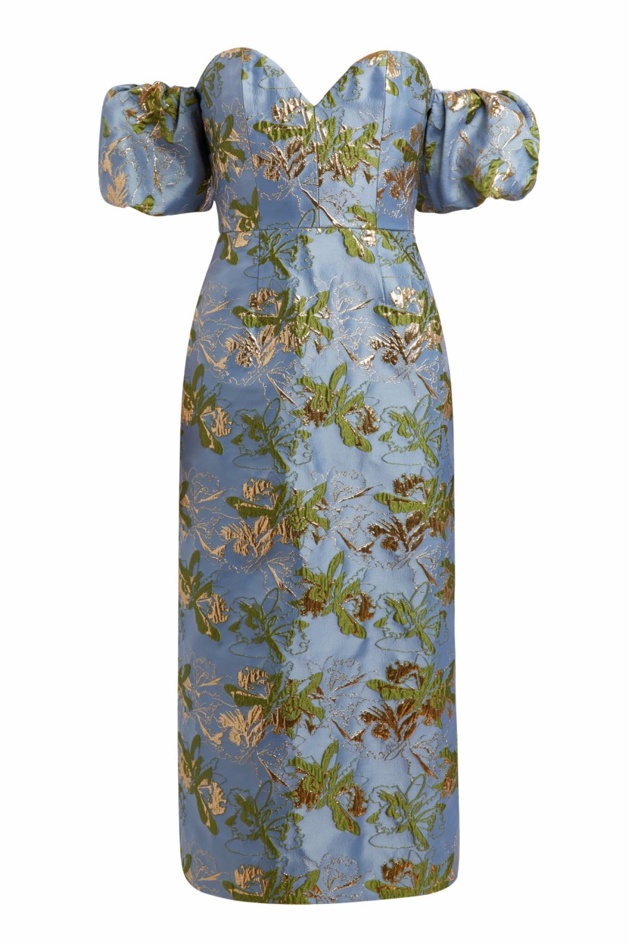 Clothing Markarian NYC | Adelaide Blue Metallic Brocade Off-The-Shoulder Puff Sleeve Midi Dress