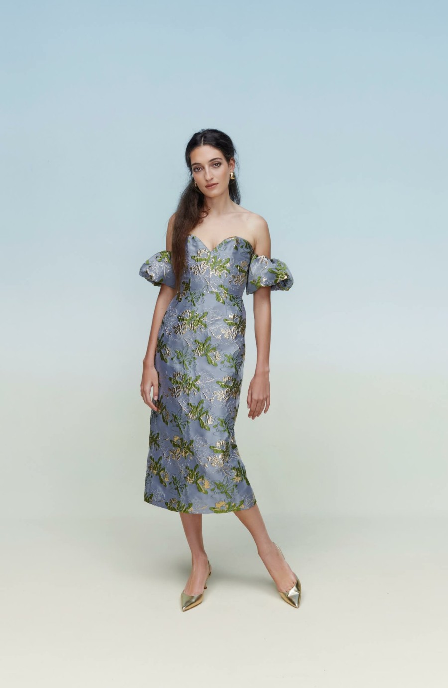 Clothing Markarian NYC | Adelaide Blue Metallic Brocade Off-The-Shoulder Puff Sleeve Midi Dress