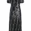 Clothing Markarian NYC | Lavinia Black Sequin Puff Sleeve Midi Dress With Crystal Tassel Details