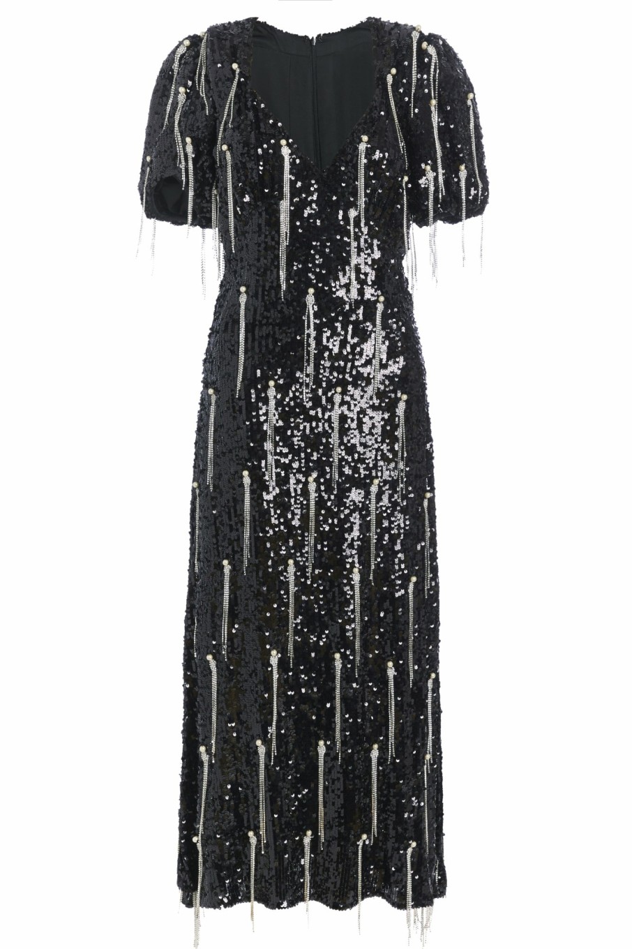 Clothing Markarian NYC | Lavinia Black Sequin Puff Sleeve Midi Dress With Crystal Tassel Details