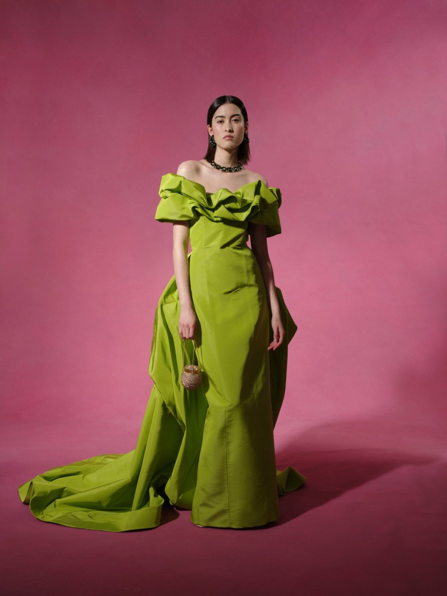 Clothing Markarian NYC | Etta Chartreuse Silk Faille Ruffle Gown