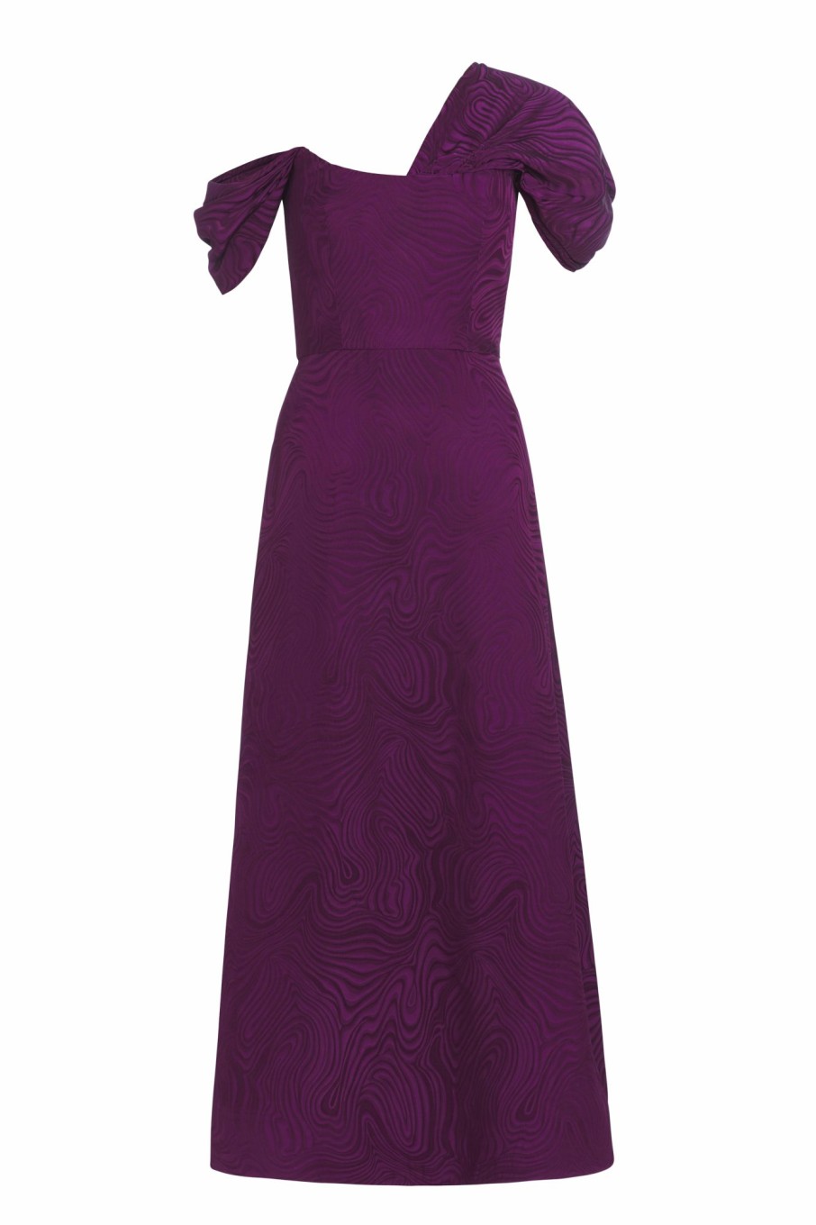 Clothing Markarian NYC | Adela Magenta Woodcut Jacquard Asymmetric Drape Shoulder A Line Midi Dress