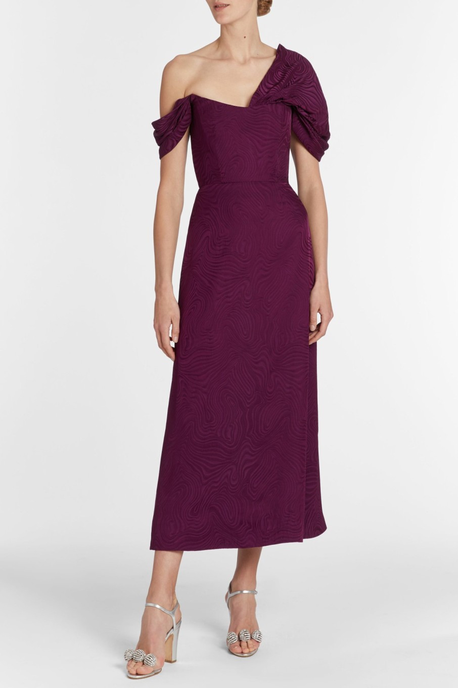 Clothing Markarian NYC | Adela Magenta Woodcut Jacquard Asymmetric Drape Shoulder A Line Midi Dress