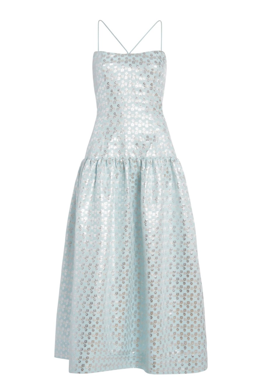 Clothing Markarian NYC | Coralie Ice Blue Daisy Brocade Drop Waist Full Skirt Midi Dress