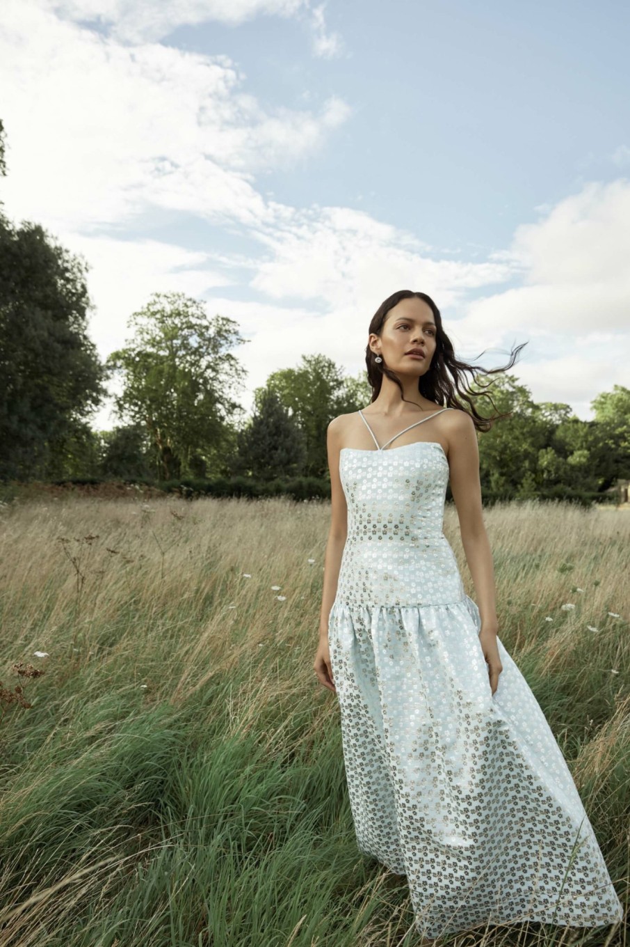 Clothing Markarian NYC | Coralie Ice Blue Daisy Brocade Drop Waist Full Skirt Midi Dress