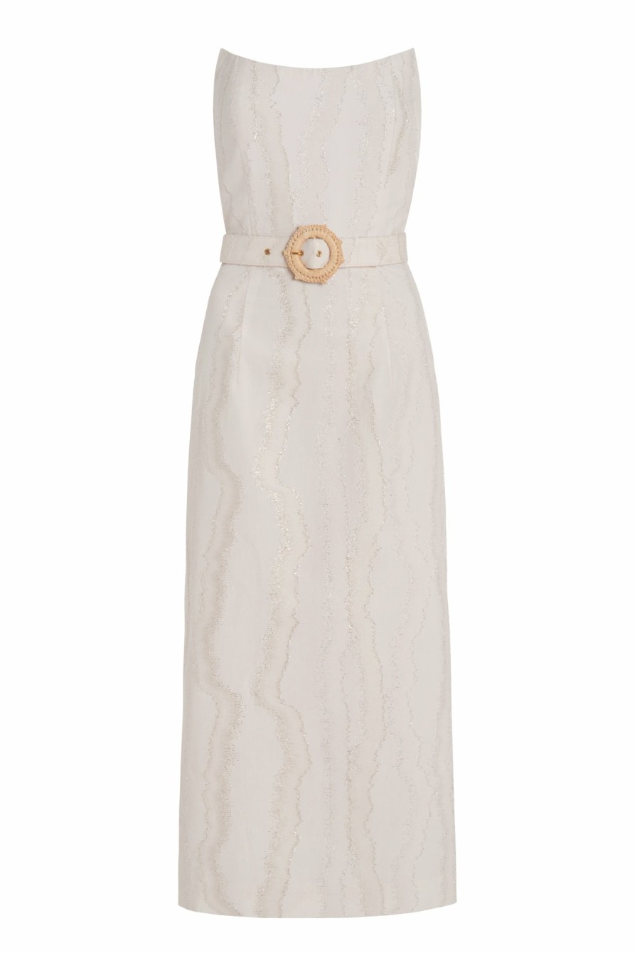 Accessories Markarian NYC | Giulia Ivory Metallic Wave Strapless Midi Dress With Belt