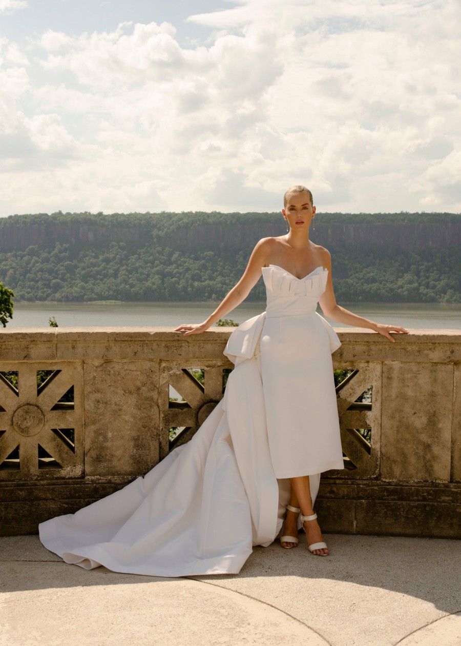 Bridal Markarian NYC | Helene Ruffled Bodice Midi Dress With Detachable Train In Ivory Silk Faille