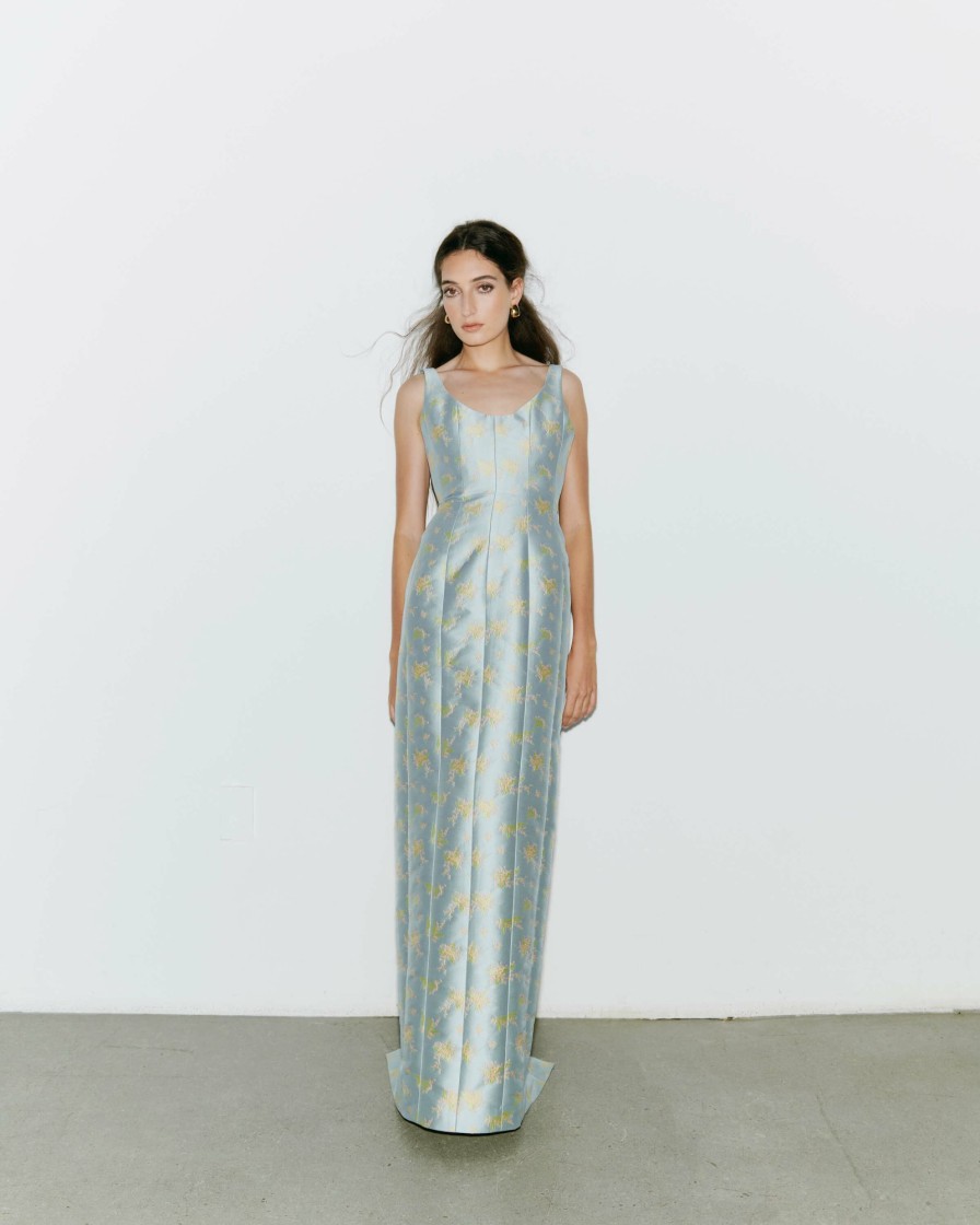 Clothing Markarian NYC | Bardot Blue And Pink Floral Brocade Paneled Corset Gown