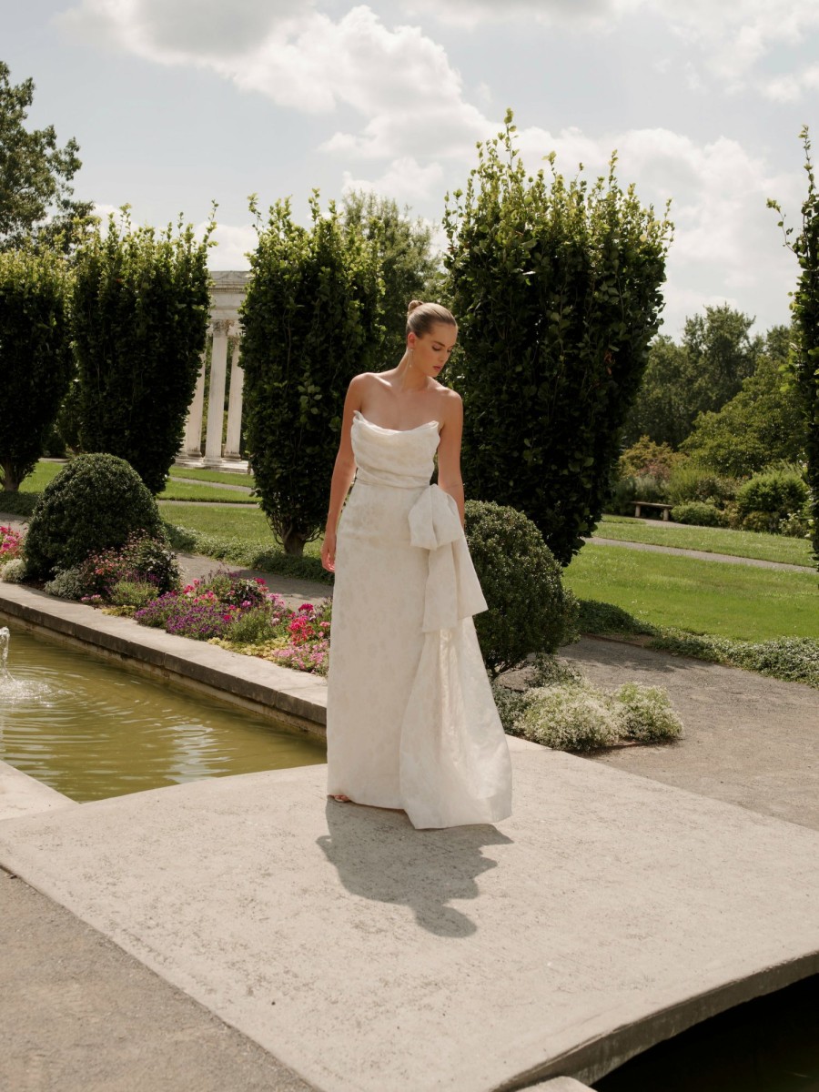 Bridal Markarian NYC | Lena Strapless Draped Corset Bodice Gown In Ivory Floral Brocade