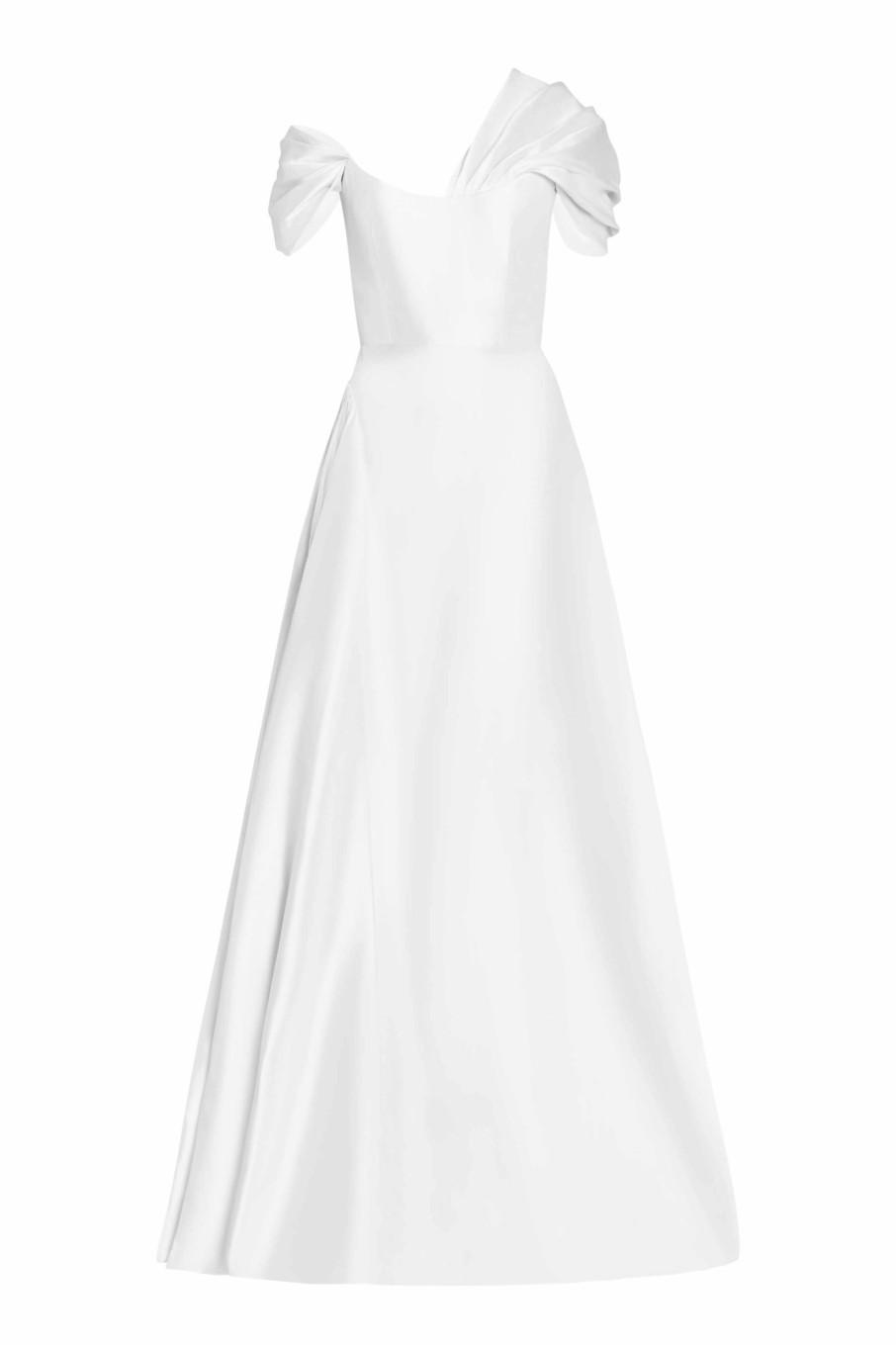 Bridal Markarian NYC | Edith White Silk Asymmetric Drape Shoulder Gown