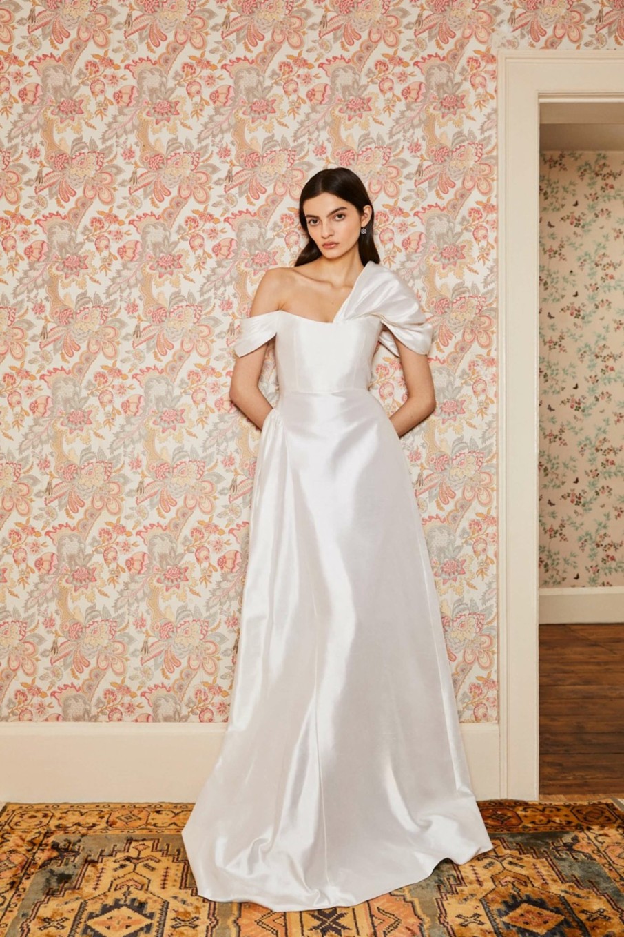 Bridal Markarian NYC | Edith White Silk Asymmetric Drape Shoulder Gown