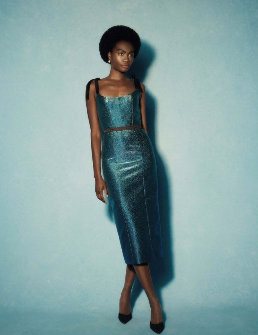 Clothing Markarian NYC | Acacia Metallic Blue Dot Tie Strap Corset Dress