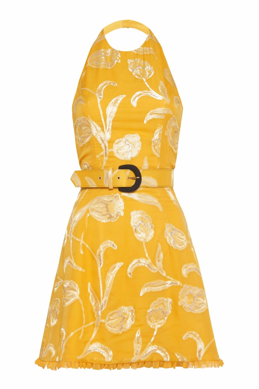 Accessories Markarian NYC | Agave Yellow Floral Halter Mini Dress With Belt