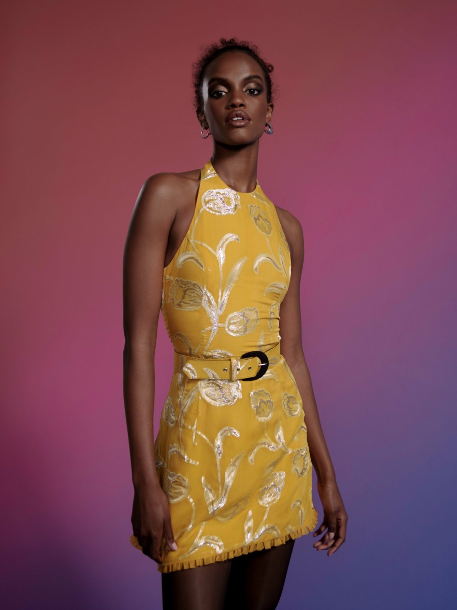 Accessories Markarian NYC | Agave Yellow Floral Halter Mini Dress With Belt