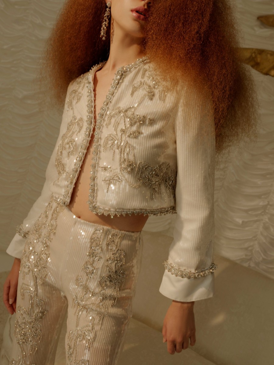 Bridal Markarian NYC | Olympia White Sequin Jacket With Crystal Embellishment