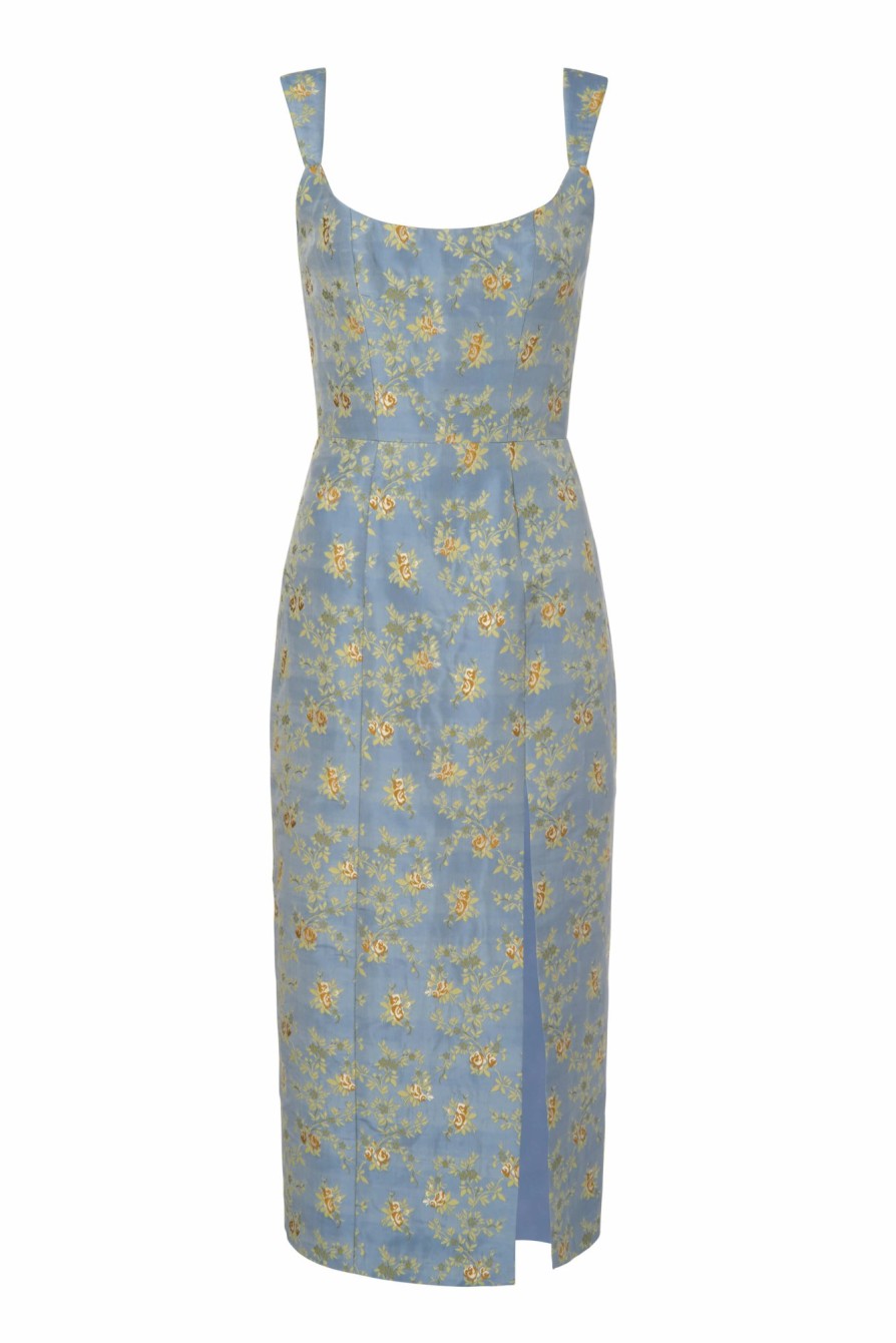 Clothing Markarian NYC | Claudette Blue Floral Brocade Corset Dress With Slit