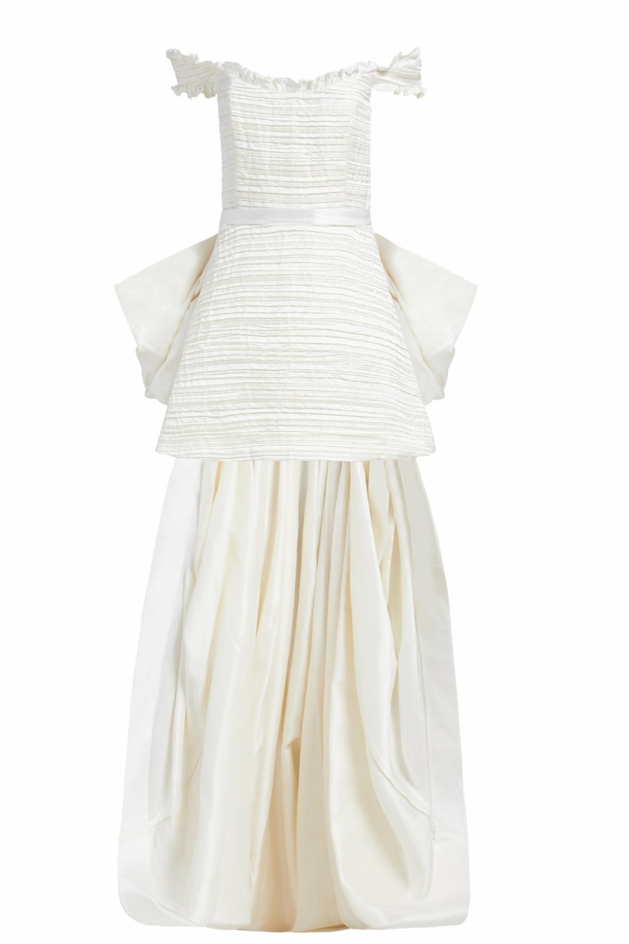 Bridal Markarian NYC | Scarlett Pleated Off-The-Shoulder Mini Dress With Detachable Train