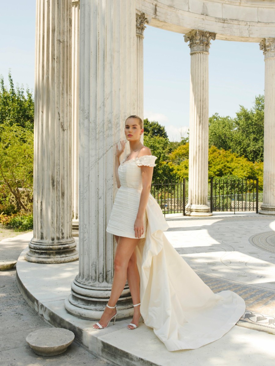 Bridal Markarian NYC | Scarlett Pleated Off-The-Shoulder Mini Dress With Detachable Train