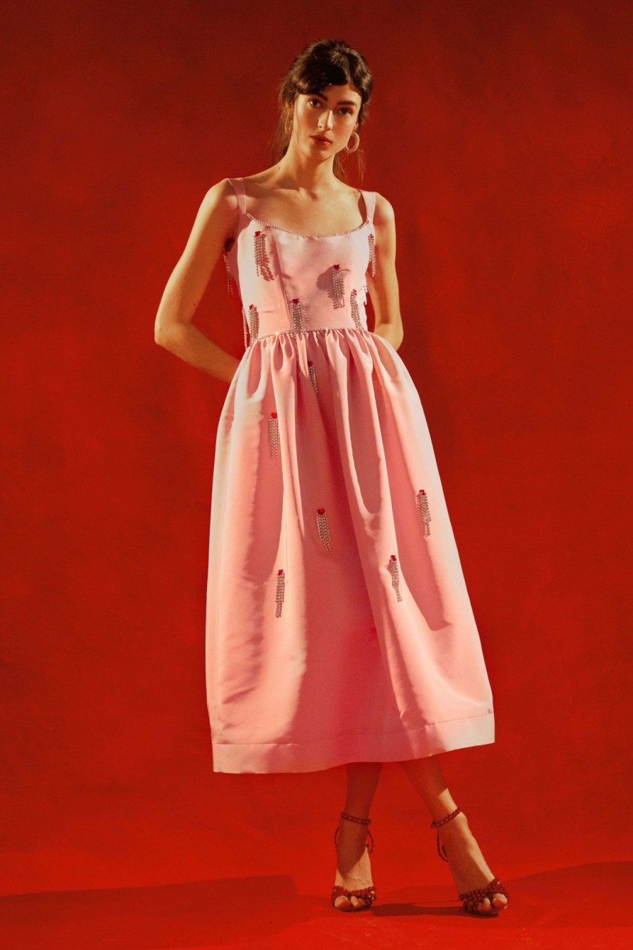 Clothing Markarian NYC | Le Coeur Shirred Pink Silk Faille Corset Dress With Crystal Embellishment