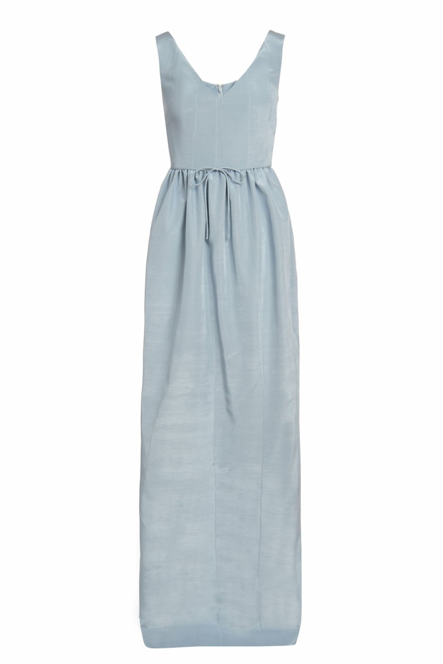 Clothing Markarian NYC | Alice V-Neck Blue Moire Gown With Waist Tie