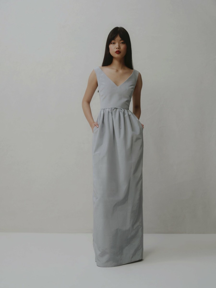 Clothing Markarian NYC | Alice V-Neck Blue Moire Gown With Waist Tie