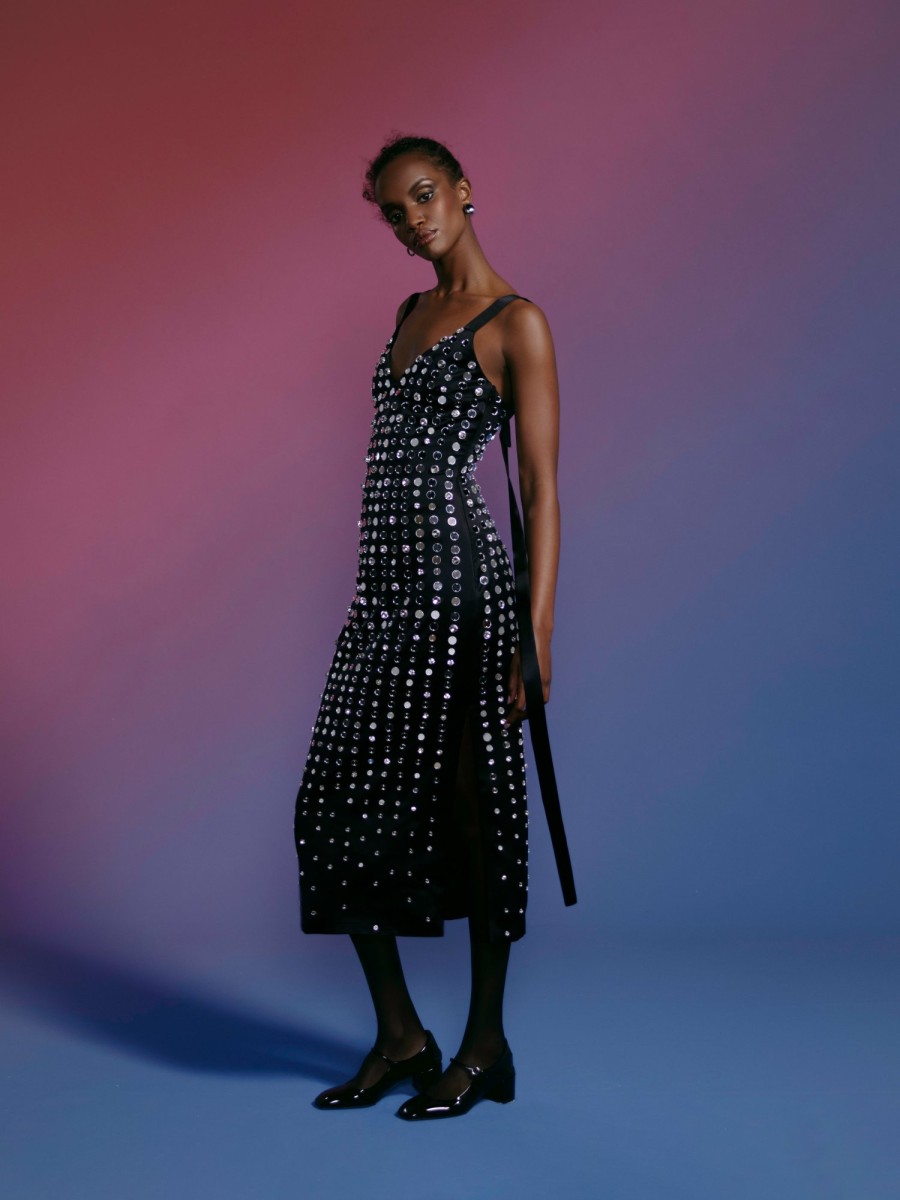 Clothing Markarian NYC | Rhonda Black Hand Beaded Mirror Satin Shift Dress