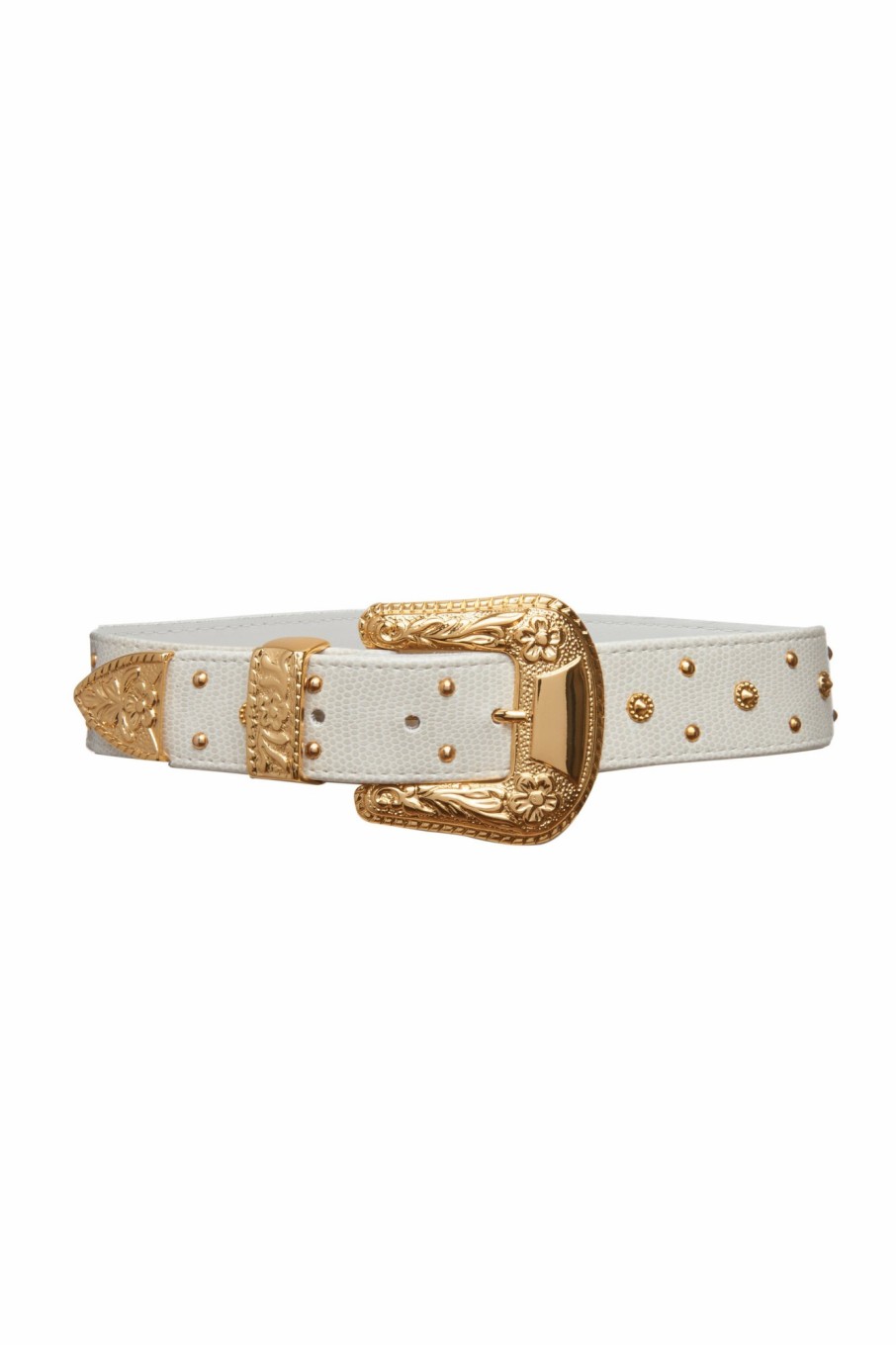 Accessories Markarian NYC | Serendipity White Leather Belt With Engraved Gold Buckle And Studs