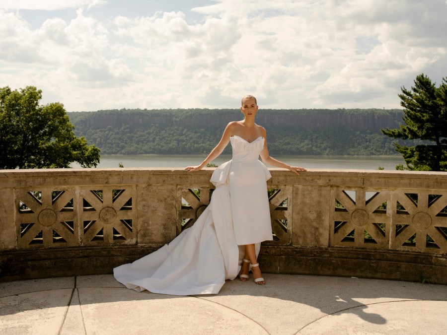 Bridal Markarian NYC | Helene Ruffled Bodice Midi Dress In Ivory Silk Faille