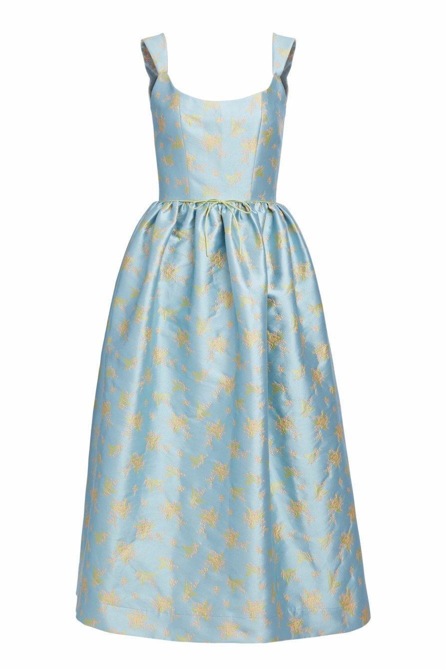 Clothing Markarian NYC | Apple Blue And Pink Floral Brocade Midi Dress