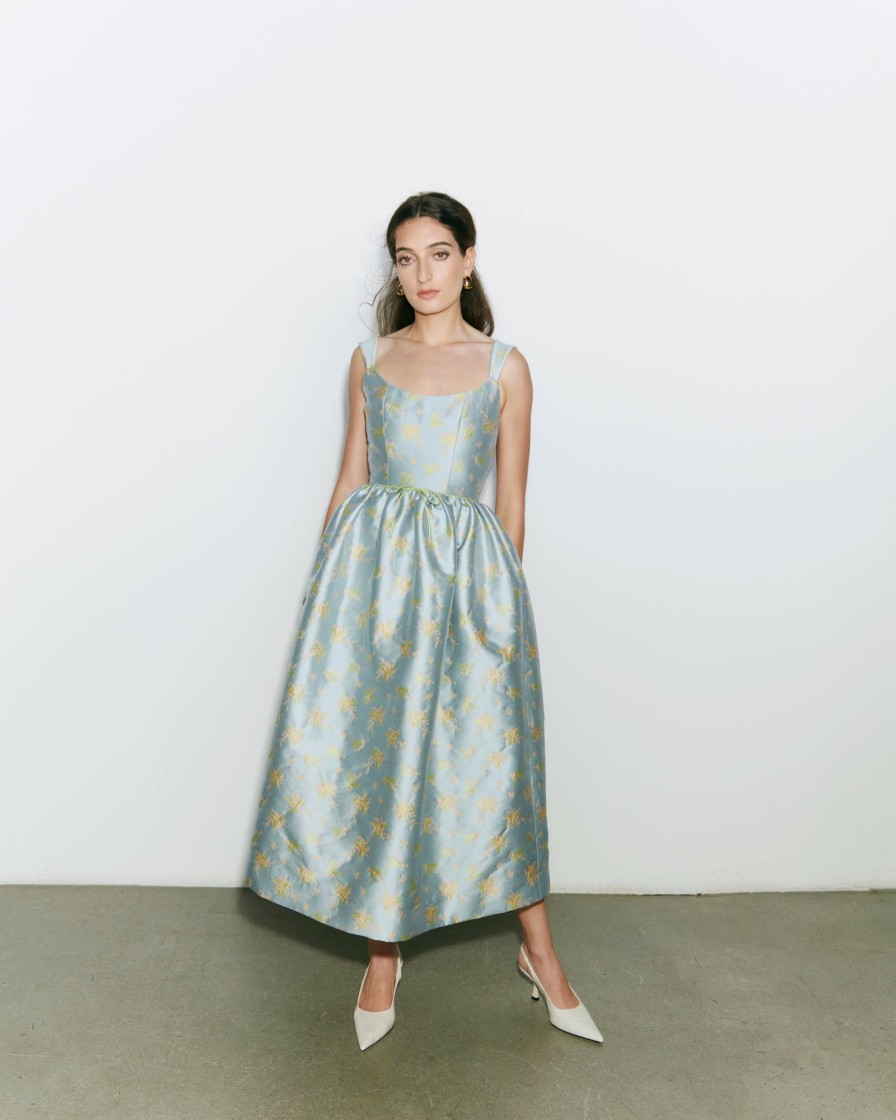 Clothing Markarian NYC | Apple Blue And Pink Floral Brocade Midi Dress