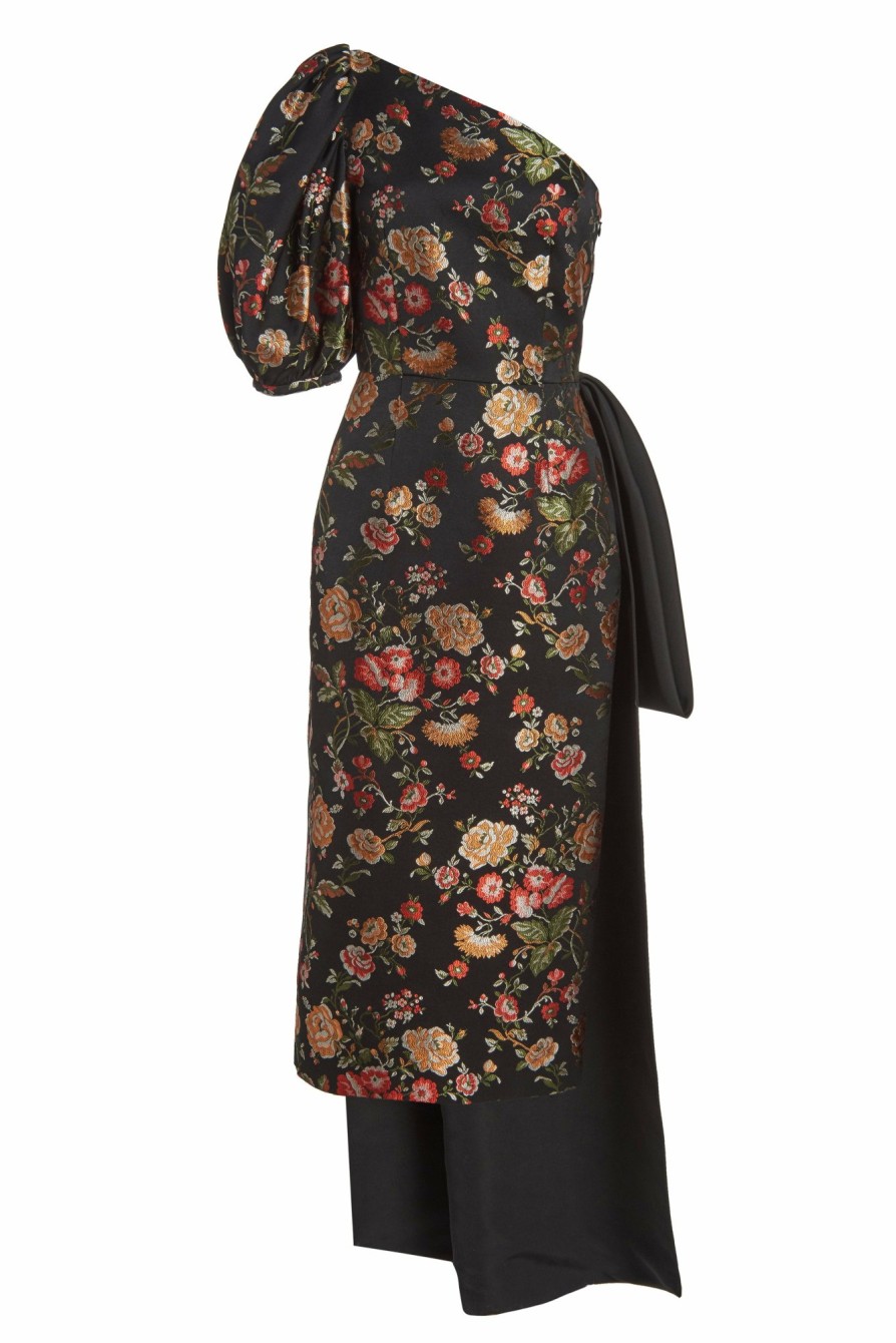 Clothing Markarian NYC | Drusa Black Floral Brocade One Shoulder Dress With Train