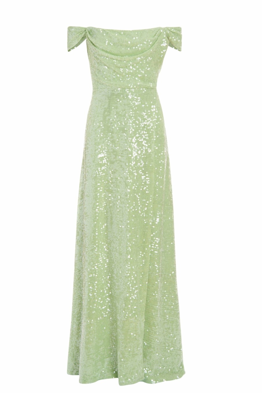 Clothing Markarian NYC | Maybelle Apple Green Sequin Off The Shoulder Cowl Neck Gown