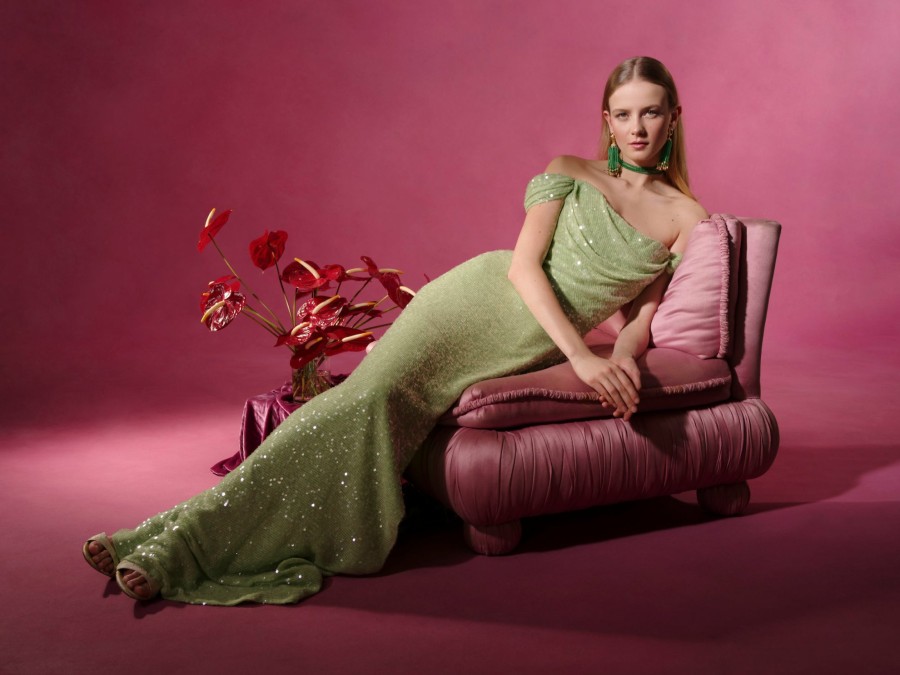 Clothing Markarian NYC | Maybelle Apple Green Sequin Off The Shoulder Cowl Neck Gown