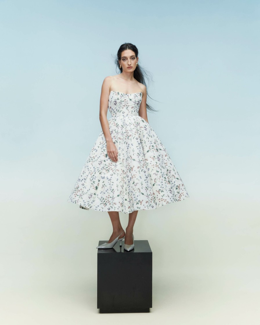 Clothing Markarian NYC | Fiorela Off White Vine Ikat Strapless Midi Dress