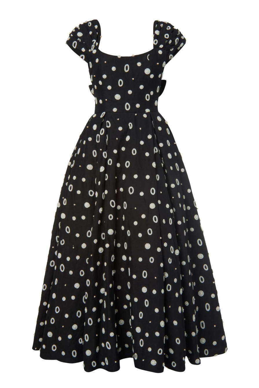 Clothing Markarian NYC | Belladonna Black Embroidered Pearl Cap Sleeve Dress With Bow Details