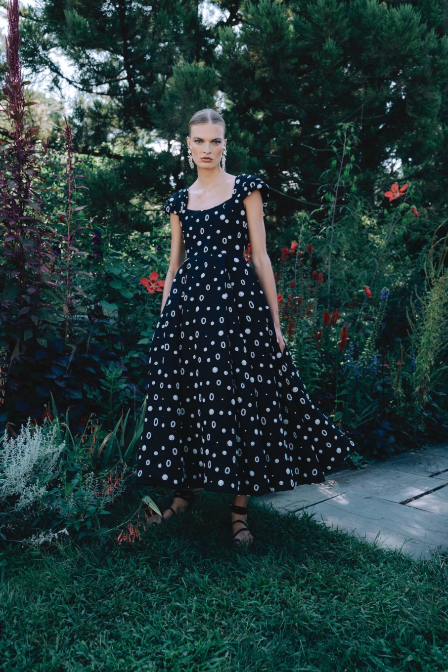 Clothing Markarian NYC | Belladonna Black Embroidered Pearl Cap Sleeve Dress With Bow Details