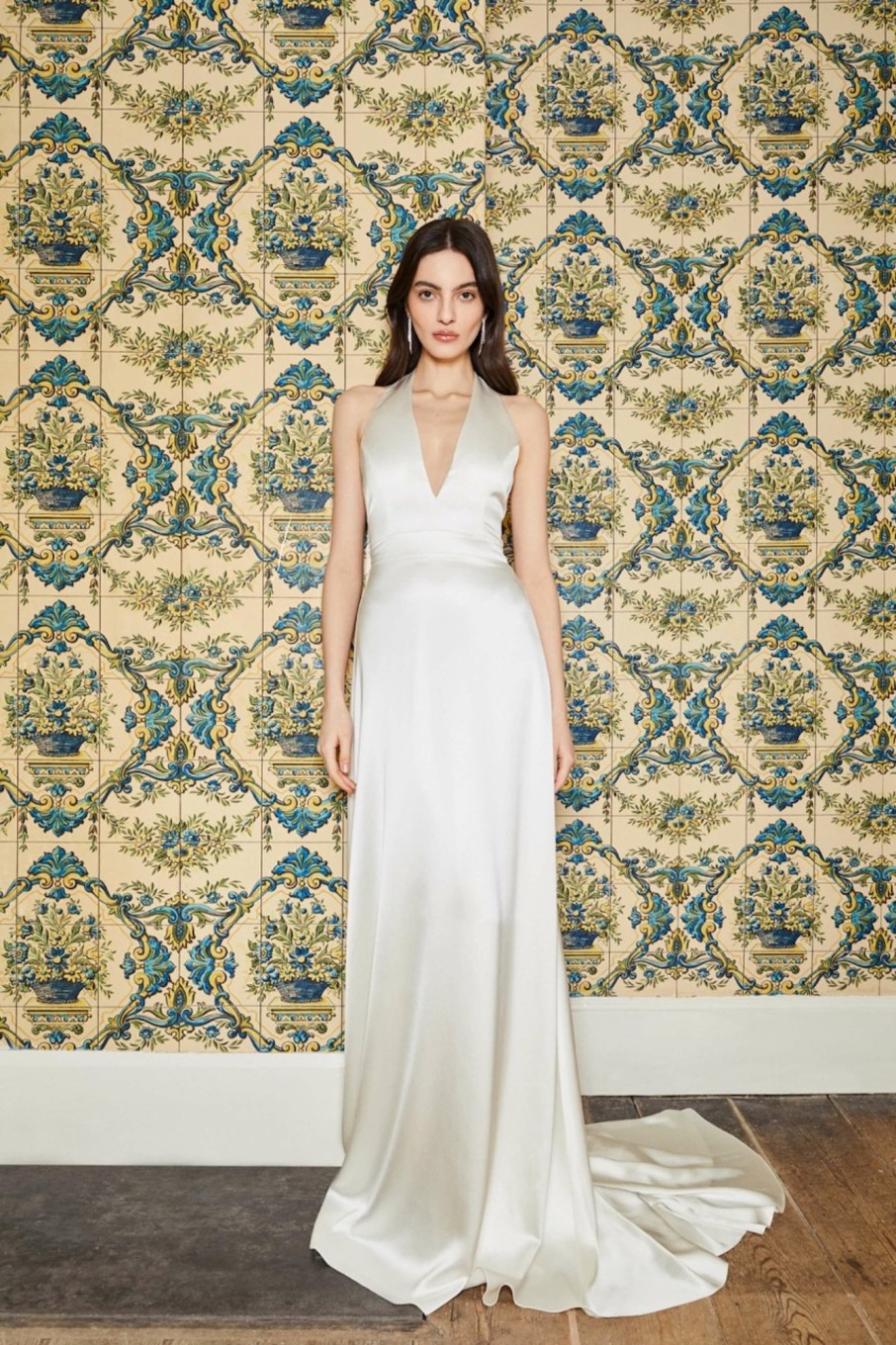 Bridal Markarian NYC | Francoise White Silk V Neck Halter Gown With Train