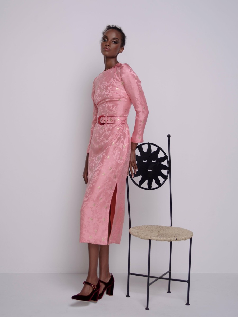 Accessories Markarian NYC | Arizona Dusty Pink Floral Long Sleeve Belted Midi Dress